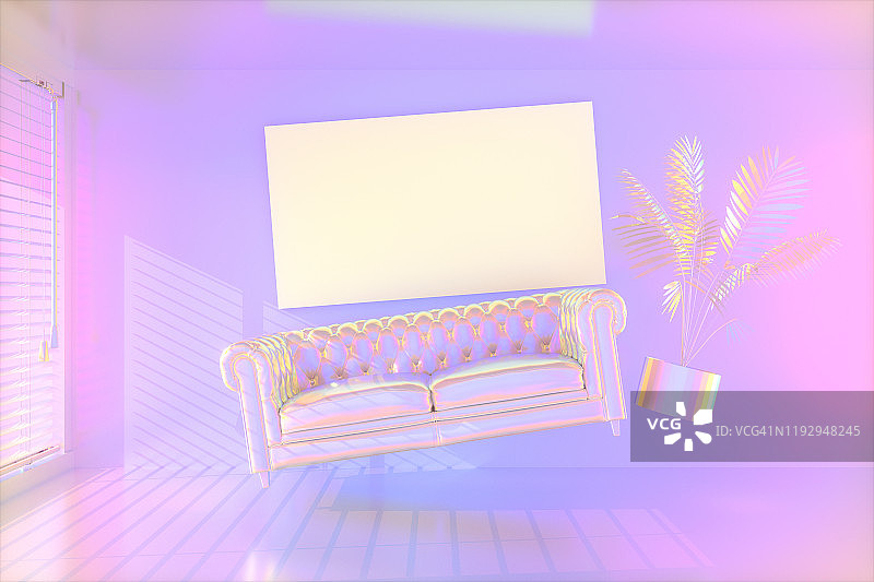 彩虹色的客厅空框架与阳光，零重力，3d渲染图片素材