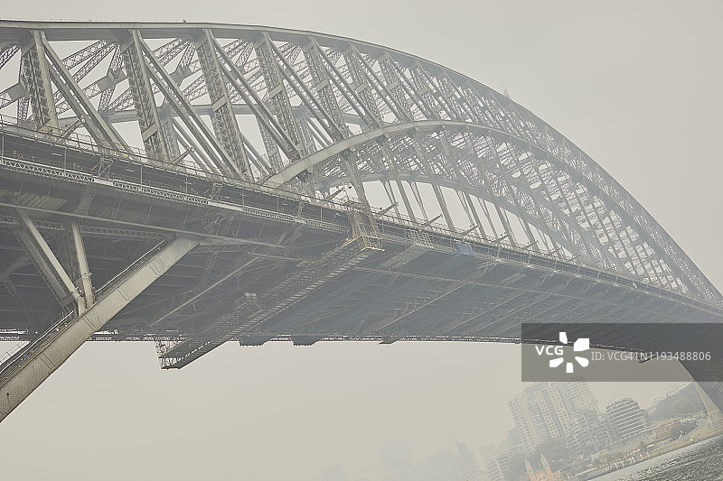 悉尼海港大桥烟雾弥漫，空气污染来自森林火灾，澳大利亚的森林火灾图片素材
