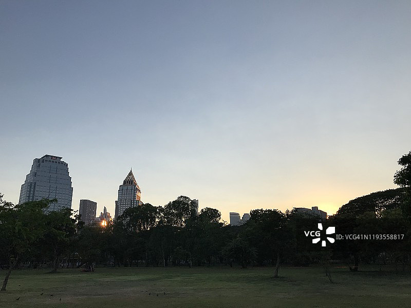 日落时分，曼谷摩天大楼和Lumpihi公园的树木图片素材