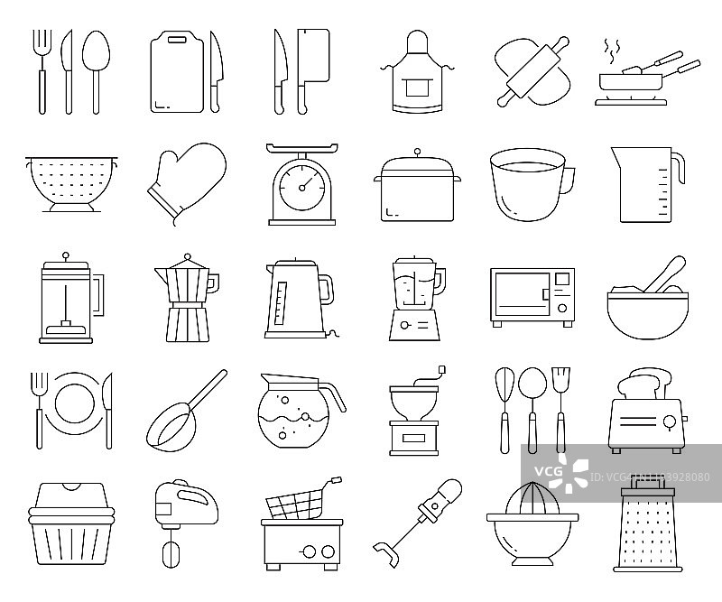简单的厨房工具相关的矢量线图标。大纲符号集合。可编辑的中风图片素材