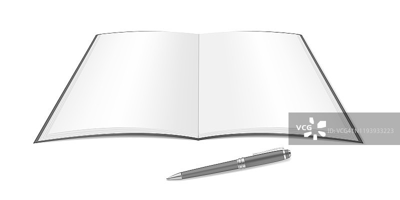打开笔记本与空白页和笔在桌子上，现实的矢量插图图片素材