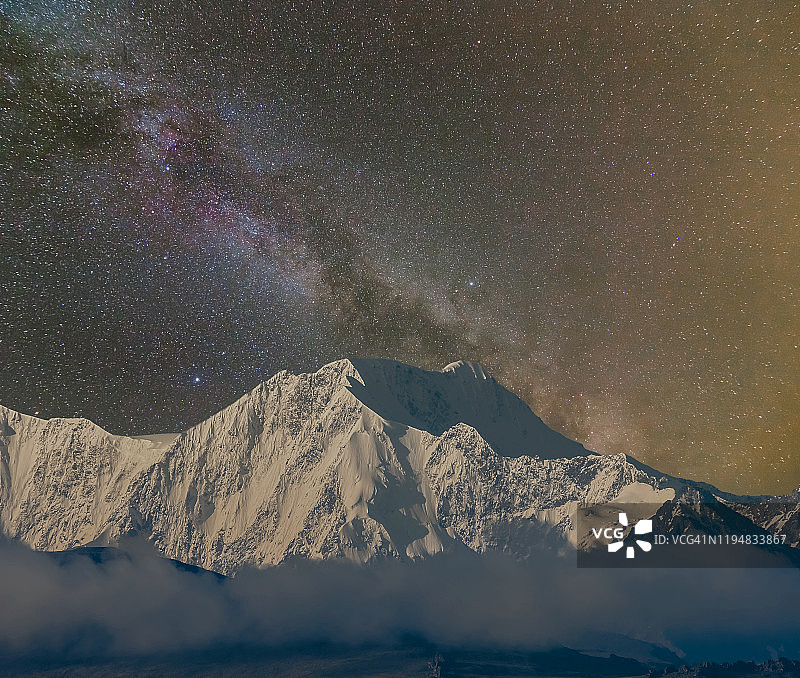 银河下的雪山山脊图片素材