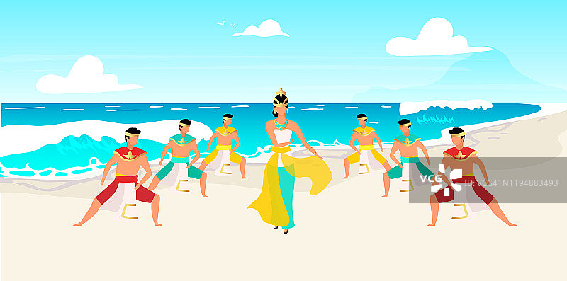 印度尼西亚舞蹈平面矢量插图。在海边举行的传统庆典。水景。亚洲的庆祝活动。男女穿着传统服装的卡通人物图片素材