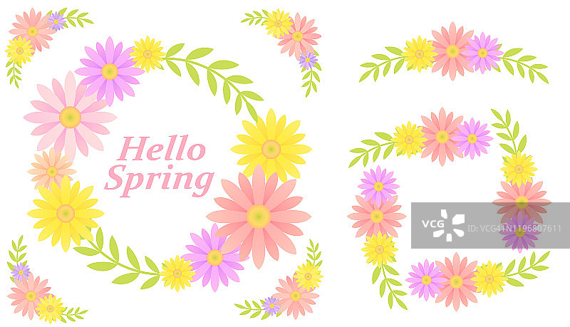 五彩缤纷的春季花框材料，装饰材料用花卉图案，插画图片素材