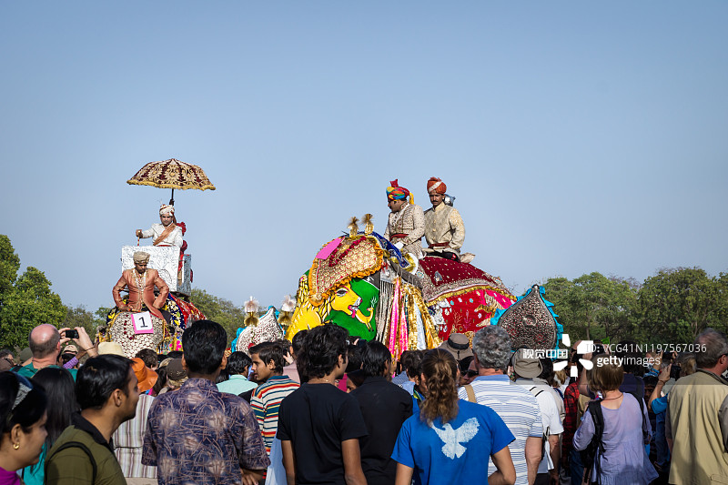 印度拉贾斯坦邦斋浦尔的胡里大象节上，游客们在盛装打扮的大象旁观看大象图片素材