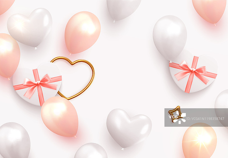 节日浪漫的背景，婚礼，情人节，设计现实的礼物盒心形，粉色和白色的气球，横向海报，贺卡，横幅。平顶的观点。图片素材