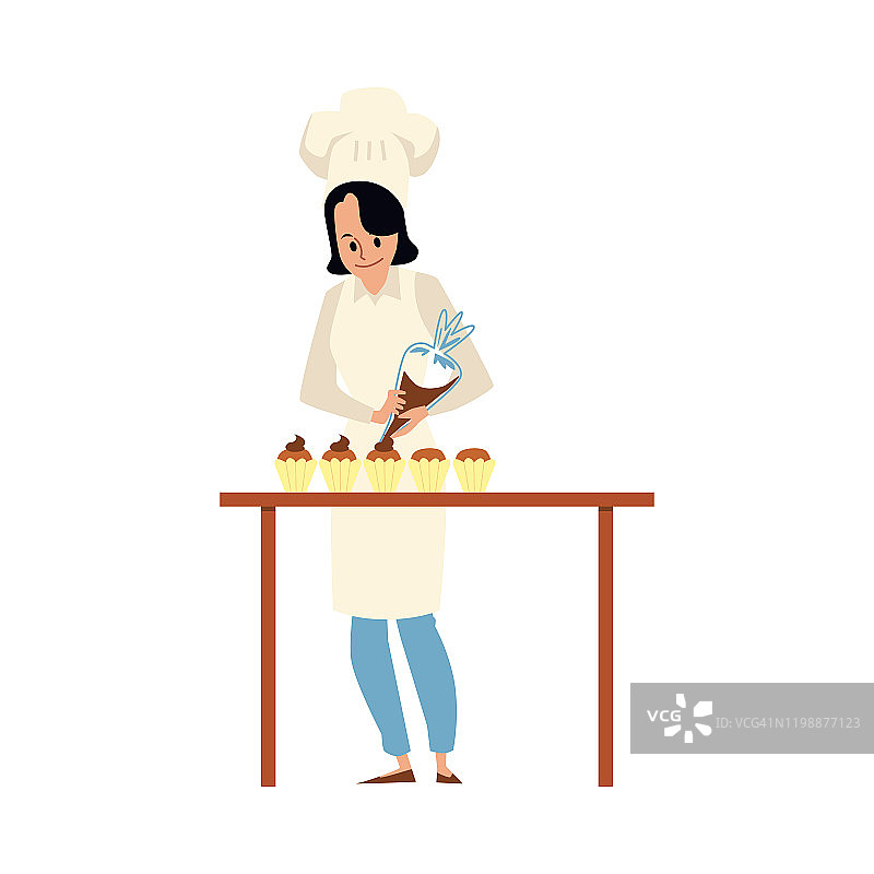 卡通糕点厨师把糖霜纸杯蛋糕-女人在厨师制服图片素材