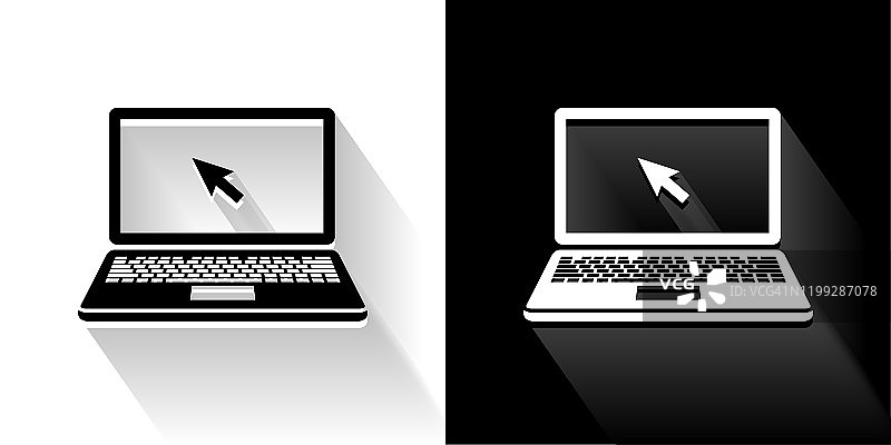 笔记本电脑黑色和白色图标与长影子图片素材