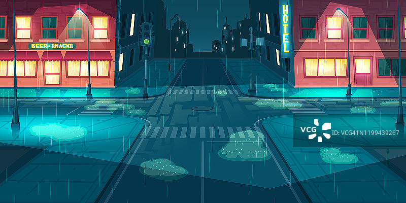 降雨在城市，城镇街道卡通向量图片素材