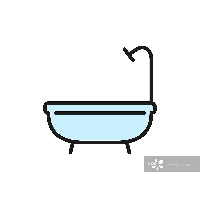 浴缸、淋浴器、浴室单色线图标。在白色背景上隔离图片素材