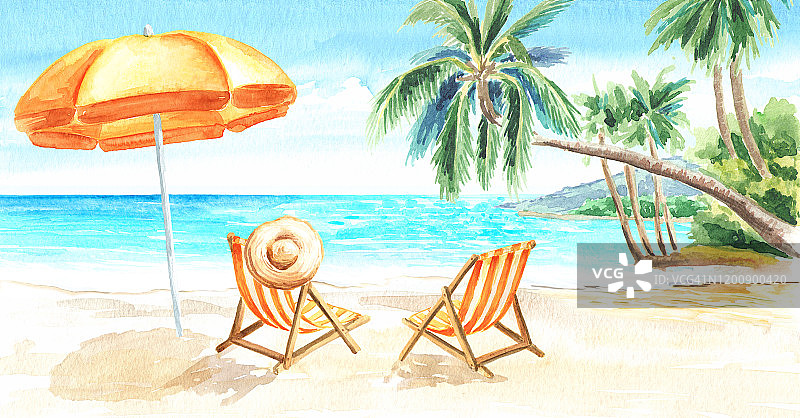 海景。热带海滩与海，白色的沙子，棕榈树，太阳躺椅和沙滩伞，夏季度假概念，手绘水彩水平插图图片素材