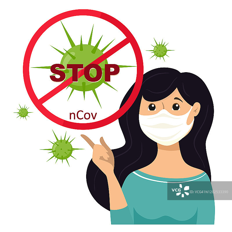 冠状病毒。新型冠状病毒(2019-nCoV)，戴白色医用口罩的妇女。冠状病毒检疫的概念。图片素材