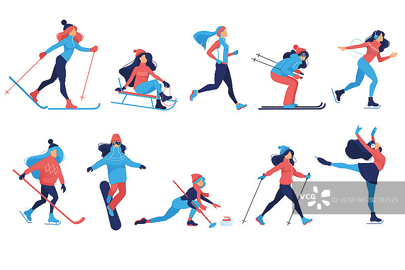 一套冬季运动和娱乐插图。女孩溜冰，滑雪，单板滑雪，女孩坐雪橇，曲棍球，冰壶，滑雪者，简单的溜冰者，户外雪游戏，卡通人物。向量图片素材