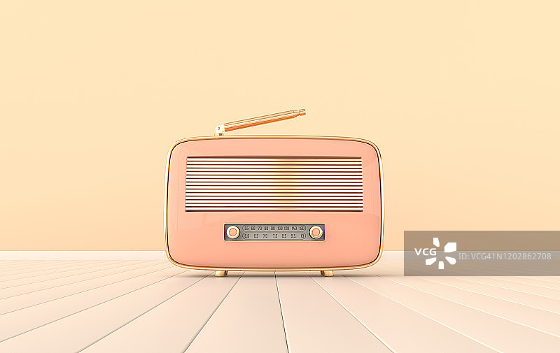 白色地板上的老式收音机。柔和的色彩和金色的细节。复古无线电逼真的3d渲染图片素材