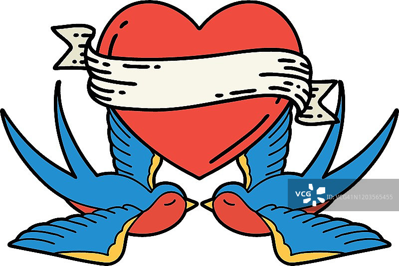 传统纹身的燕子和心脏与旗帜图片素材