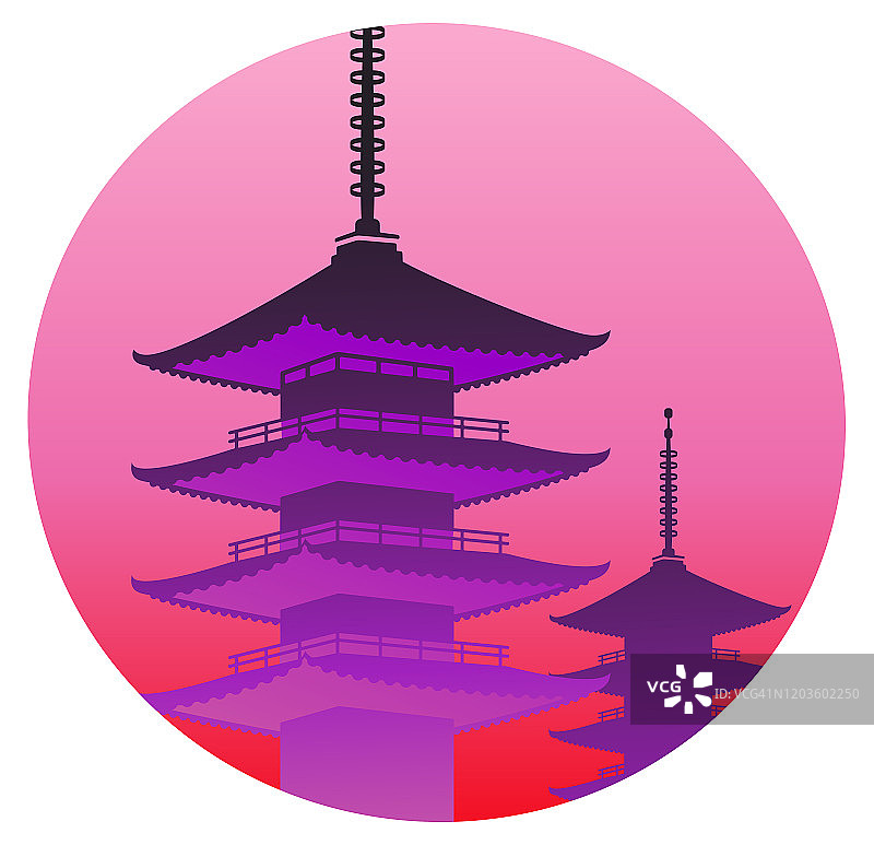 日本宝塔围成一圈。矢量插图。旭日是日本的象征。粉红色和紫色。图片素材