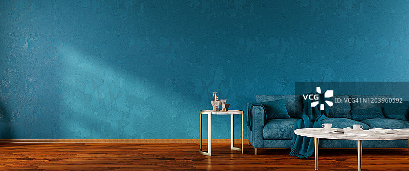 客厅内部，蓝色沙发全景图图片素材