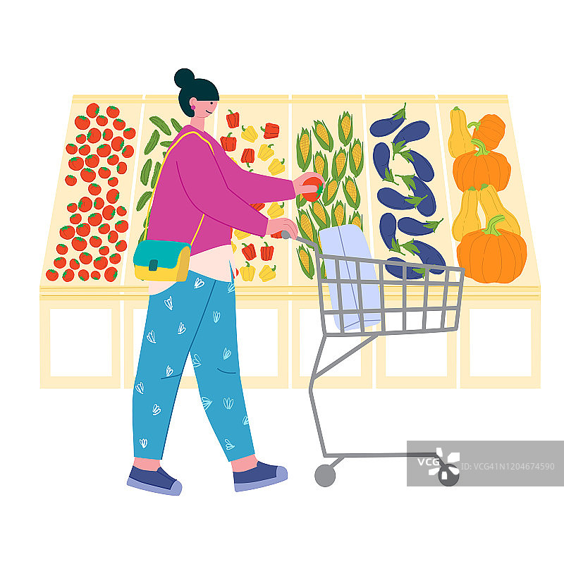 一位推着手推车的妇女在超市的蔬菜区拿着西红柿。时尚平面矢量插图图片素材
