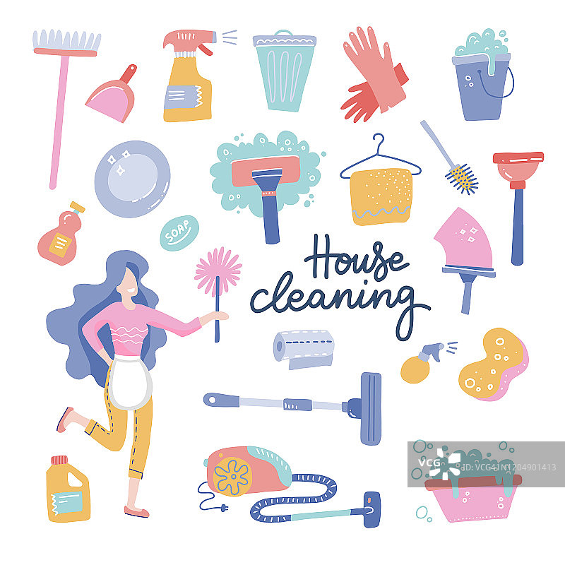 家务清洁服务女人的性格。清洁设备的清洁图标。矢量卡通平面风格的插图。孤立在白色背景与字母图片素材