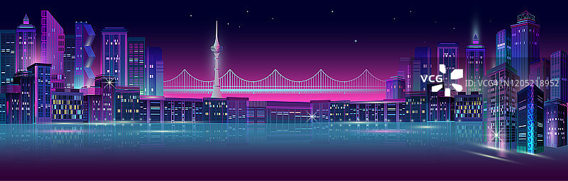 夜晚的城市全景与霓虹灯在紫色的背景。向量。图片素材