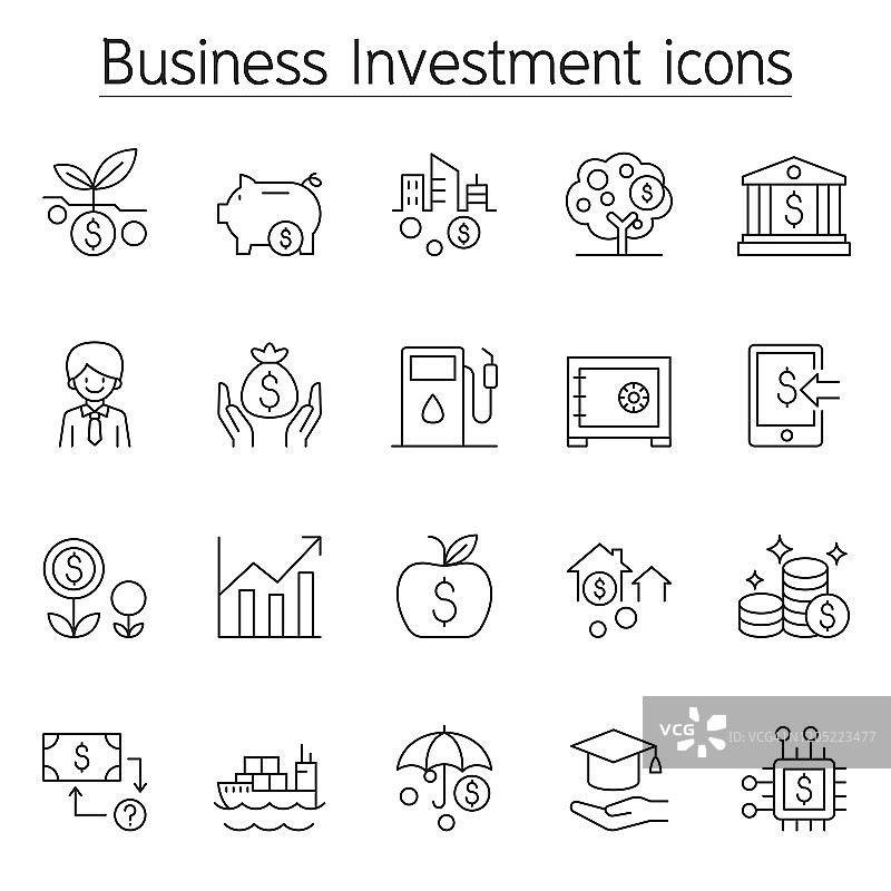 商业投资图标设置在细线风格图片素材