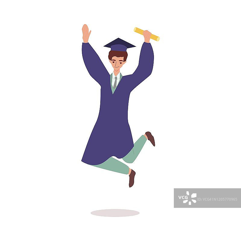 卡通人物戴着毕业帽，穿着毕业服，拿着毕业证书跳了起来图片素材
