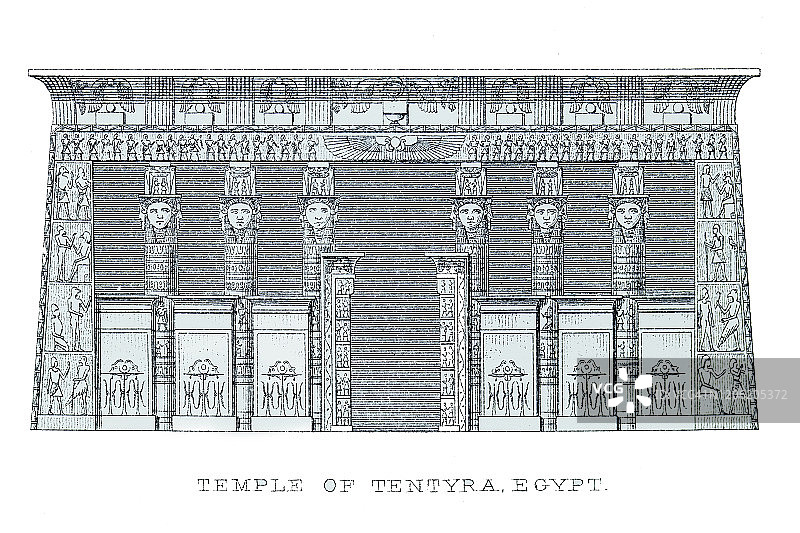 古刻插图建筑坦提拉神庙，埃及，丹德拉神庙建筑群，流行百科全书出版1894年图片素材
