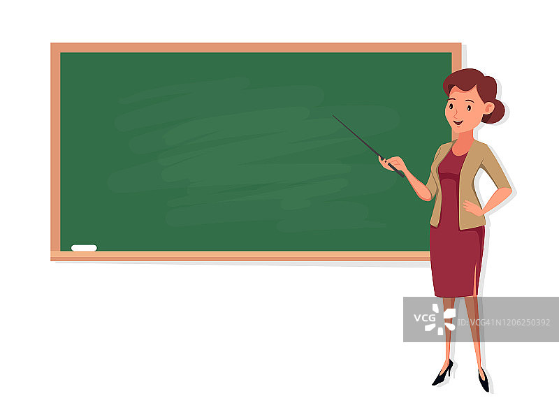年轻女教师在黑板上讲课，教室孤立在白色的背景上。图片素材