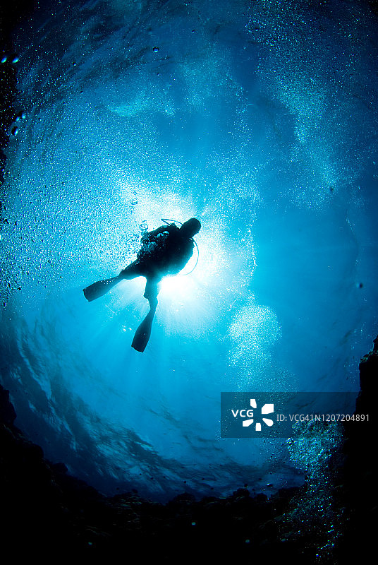潜水员潜入深海的剪影图片素材