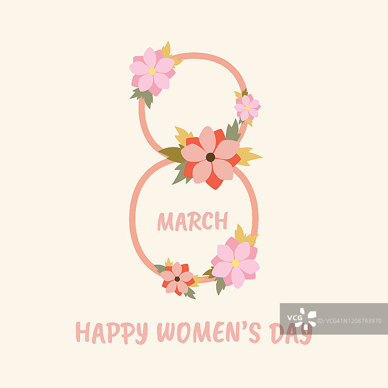 国际妇女节贺卡。短信:妇女节快乐，送花。矢量插图。图片素材
