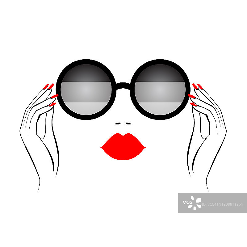 时尚的女人戴着时尚的太阳镜，红红的嘴唇，涂着红色指甲的手。美丽的标志。夏天的模式。矢量插图。图片素材