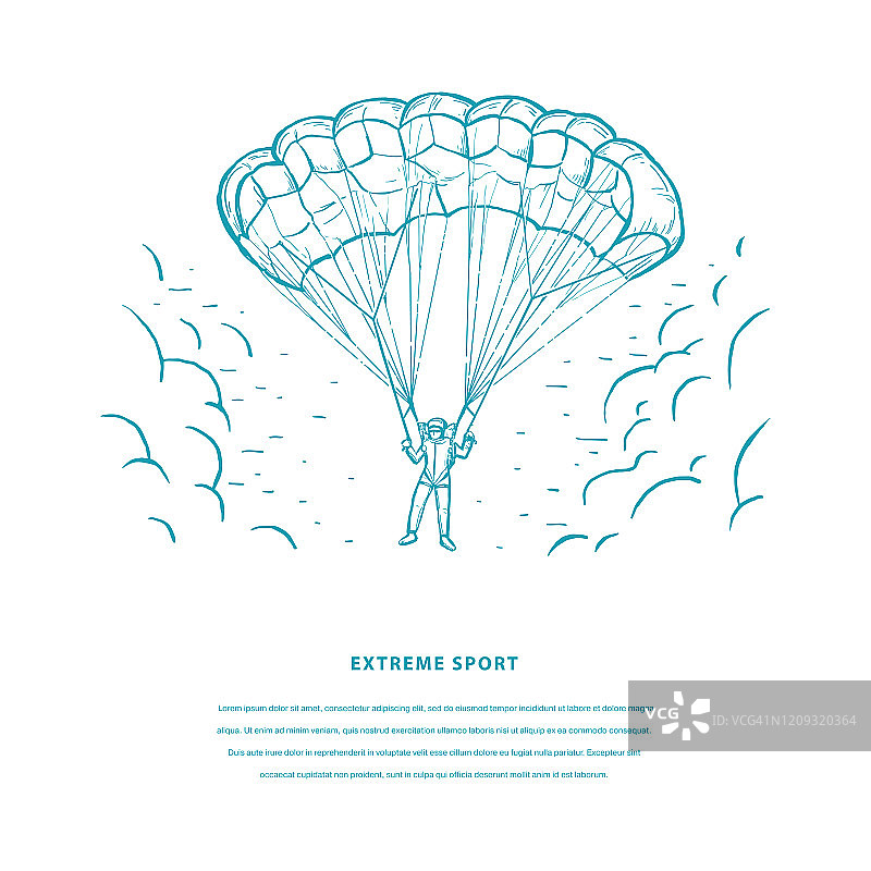 草图矢量彩色插图与手绘跳伞飞行与降落伞。图片素材