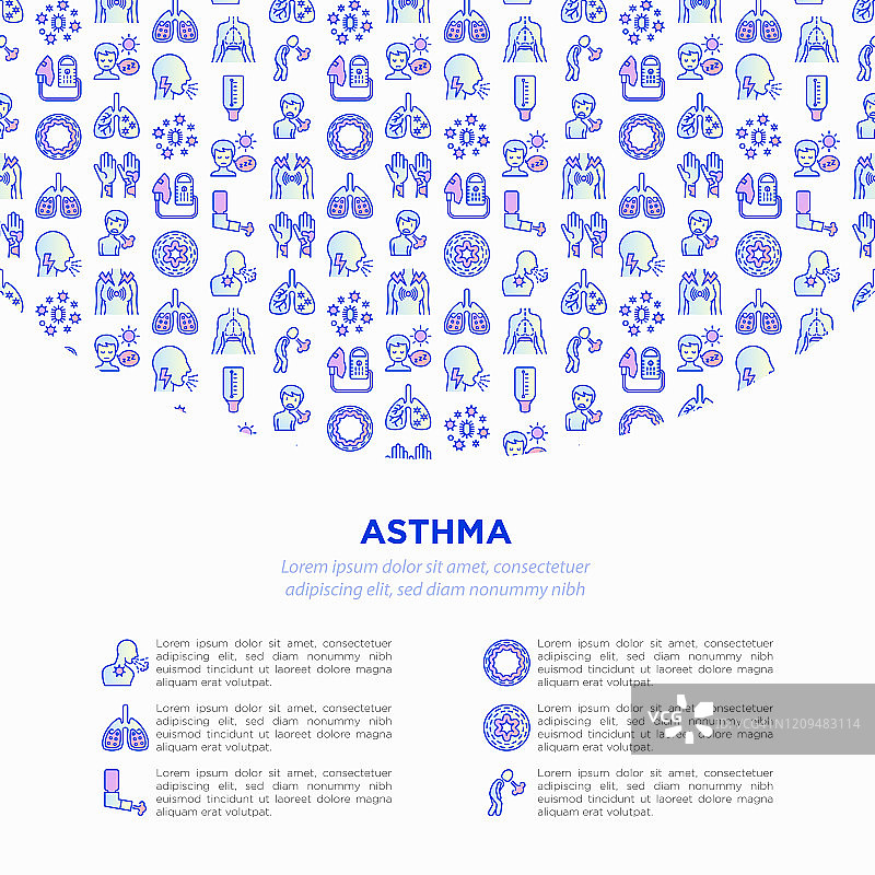 哮喘概念与细线图标:过敏原，呼吸困难，咳嗽，气喘，胸痛，隔膜，荨麻疹，痰，峰值流量计，吸入器，喷雾器。矢量插图，模板与复制空间。图片素材
