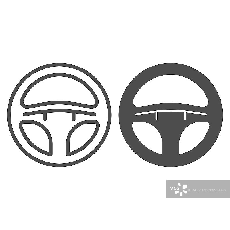 方向盘线和字形图标。汽车方向盘矢量插图孤立在白色。汽车驱动部分轮廓样式设计，适用于网页和应用程序。Eps 10。图片素材