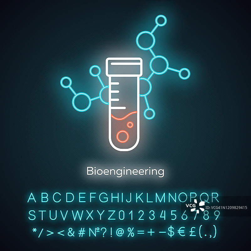 生物工程霓虹灯图标。生物工程。科学的医学研究。试管和分子。生物化学。有字母、数字和符号的发光符号。向量孤立的插图图片素材
