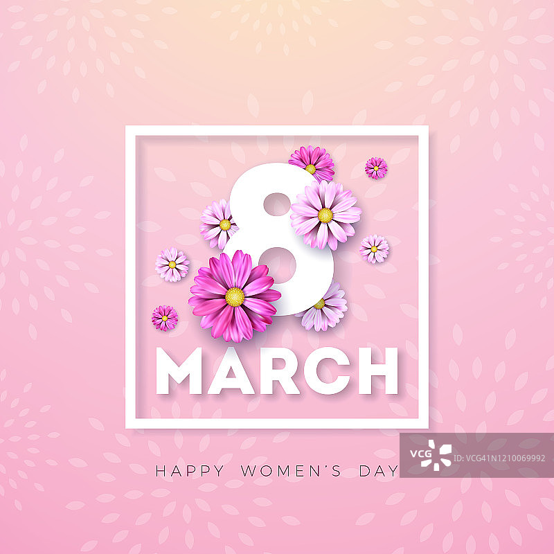 3月8日。妇女节快乐鲜花贺卡。国际节日插图与花卉设计在粉红色的背景。春天向量模板。图片素材