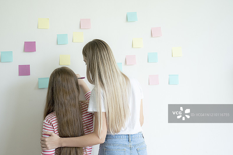 母亲和女儿一起在墙上的贴纸上写下提醒图片素材