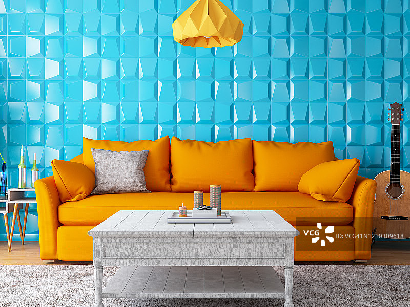 橙色和蓝色的客厅和沙发图片素材