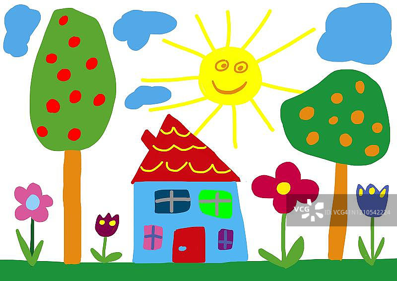 天真插图，儿童绘画，带花园鲜花和阳光的房子，德国图片素材