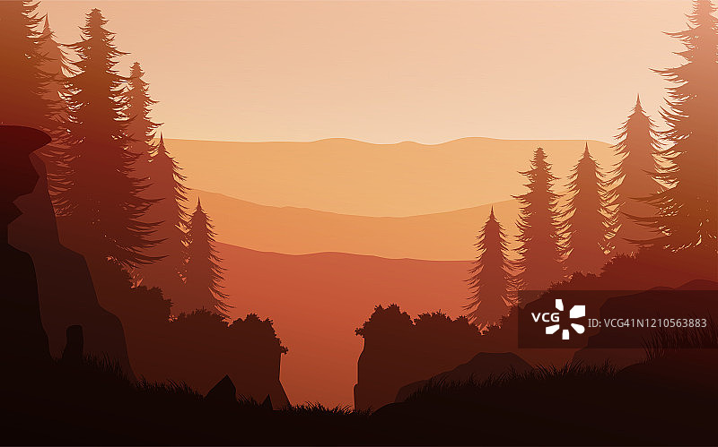 自然森林自然松林山地平线景观墙纸日出和日落插图矢量风格多彩的视图背景图片素材