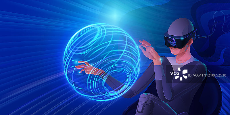 一个戴着虚拟现实头盔的女人控制着信息流。矢量图像现代技术的交流，游戏，创造力。蓝色基调的横幅。图片素材