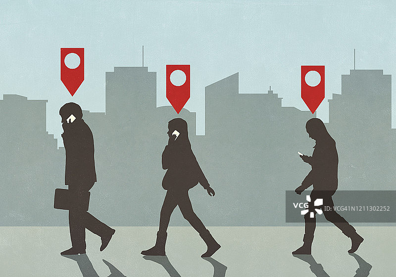 地图上的大头针图标上方的商务人士行走和通话的智能手机在城市图片素材