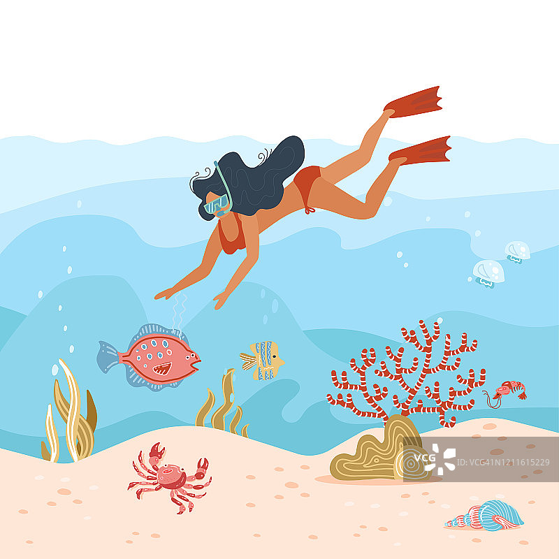 女人水下潜水员。夏天的活动。戴着浮潜面罩的小女孩正在探索深海生物，与热带鱼和珊瑚礁一起潜水。旅行的生活方式。矢量平面插图图片素材