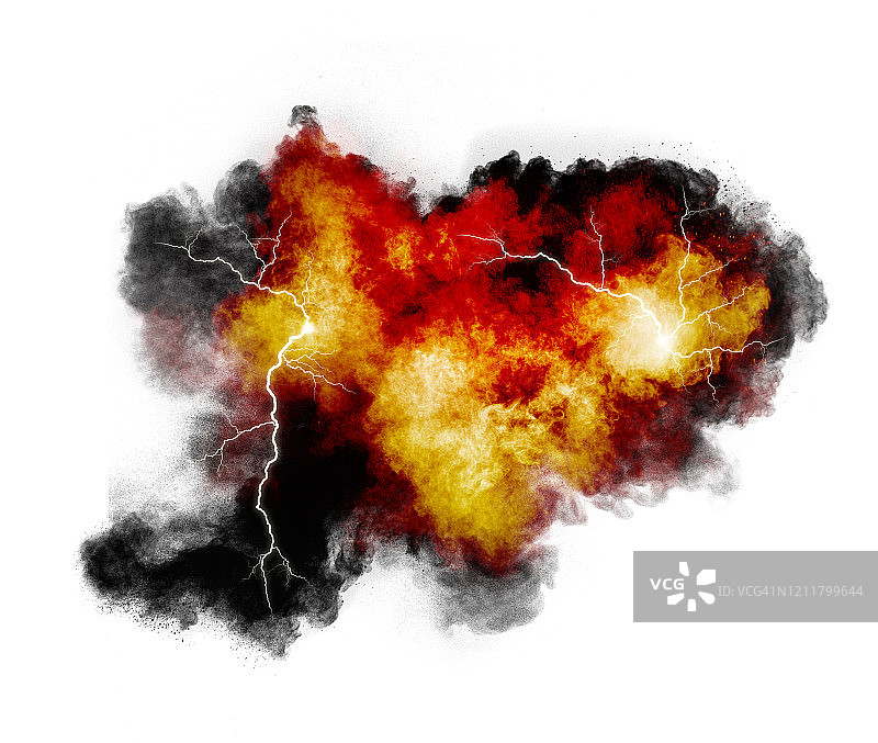 在白色的背景上，由彩色的粉末和烟雾颗粒组成的云团撞击而成的爆炸。图片素材