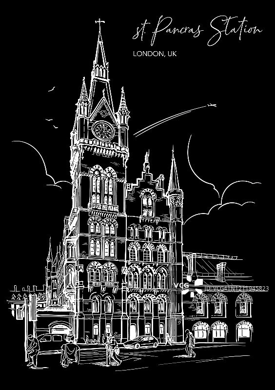 圣潘克拉斯火车站，伦敦，英国。雕刻风格的素描。图片素材
