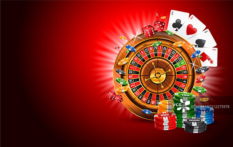 头奖赌场矢量插图与轮盘赌轮，赌博筹码和硬币图片素材