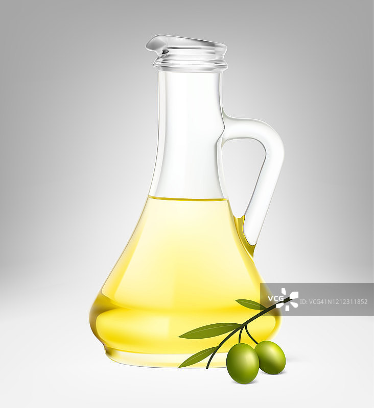 橄榄油罐和橄榄叶。图片素材