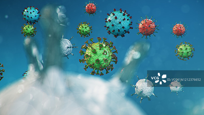 三维插图，抽象病原体为一种流感- H1N1，肝炎病毒，流感病毒，流感，艾滋病。病毒抽象背景。病毒感染人类细胞。引起慢性疾病的感染。图片素材