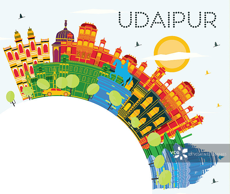 印度乌代普尔城市天际线与彩色建筑，蓝天和复制空间。图片素材