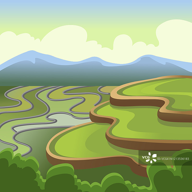 卡通色彩景观场景中国稻田概念。向量图片素材
